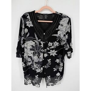 VTG Appointments Floral Mesh Blouse Women 3X Black Rhinstone V-Neck Top Y2K
